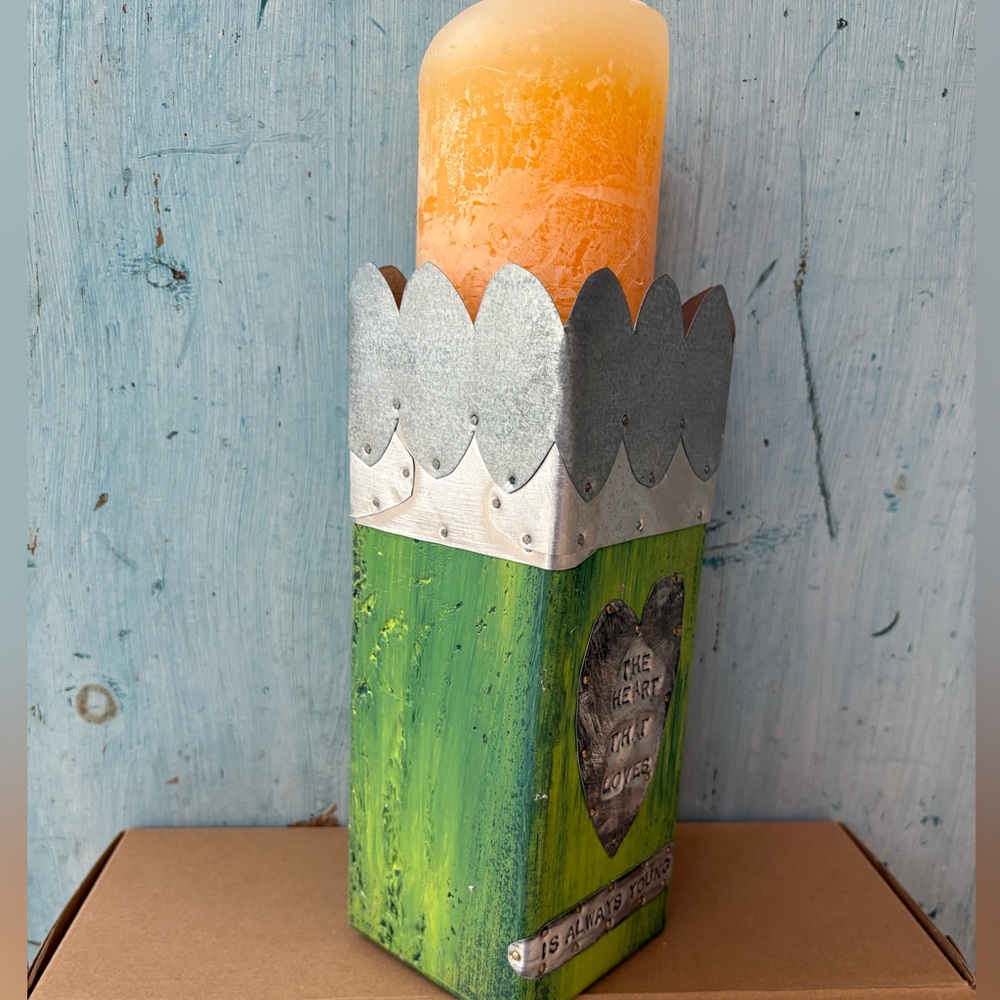 Artisan-Made Wood & Tin Decorative Green Candle Holder with Etched Saying - Picture 6 of 12